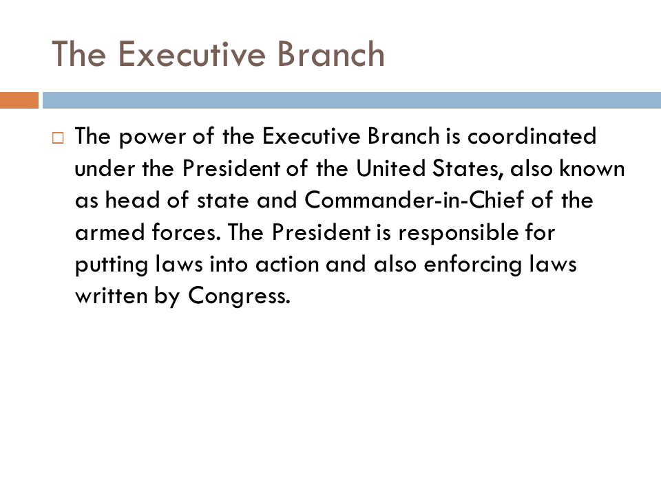 The Executive Branch  The power of the Executive Branch is coordinated under the President of the United States, also known as head of state and Commander-in-Chief of the armed forces.