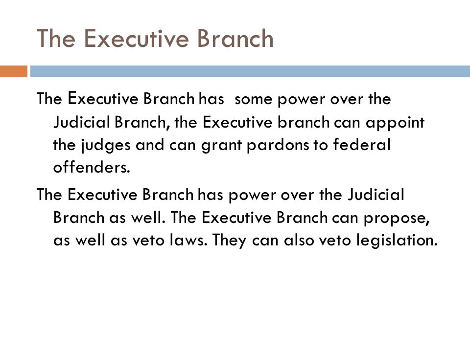 The Executive Branch The E xecutive Branch has some power over the Judicial Branch, the Executive branch can appoint the judges and can grant pardons to federal offenders.