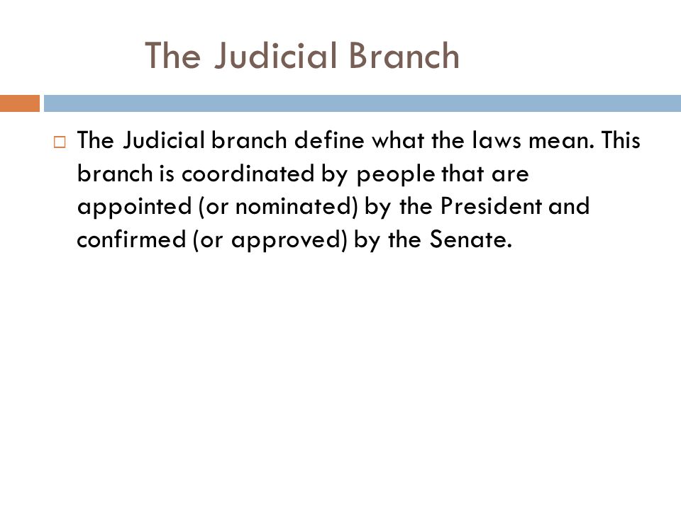 The Judicial Branch  The Judicial branch define what the laws mean.