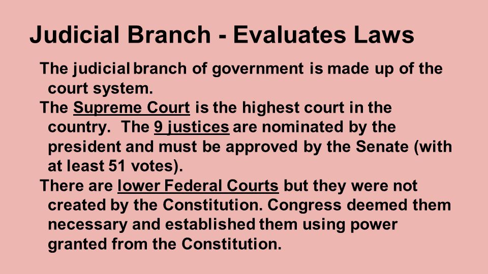 Judicial Branch - Evaluates Laws The judicial branch of government is made up of the court system.