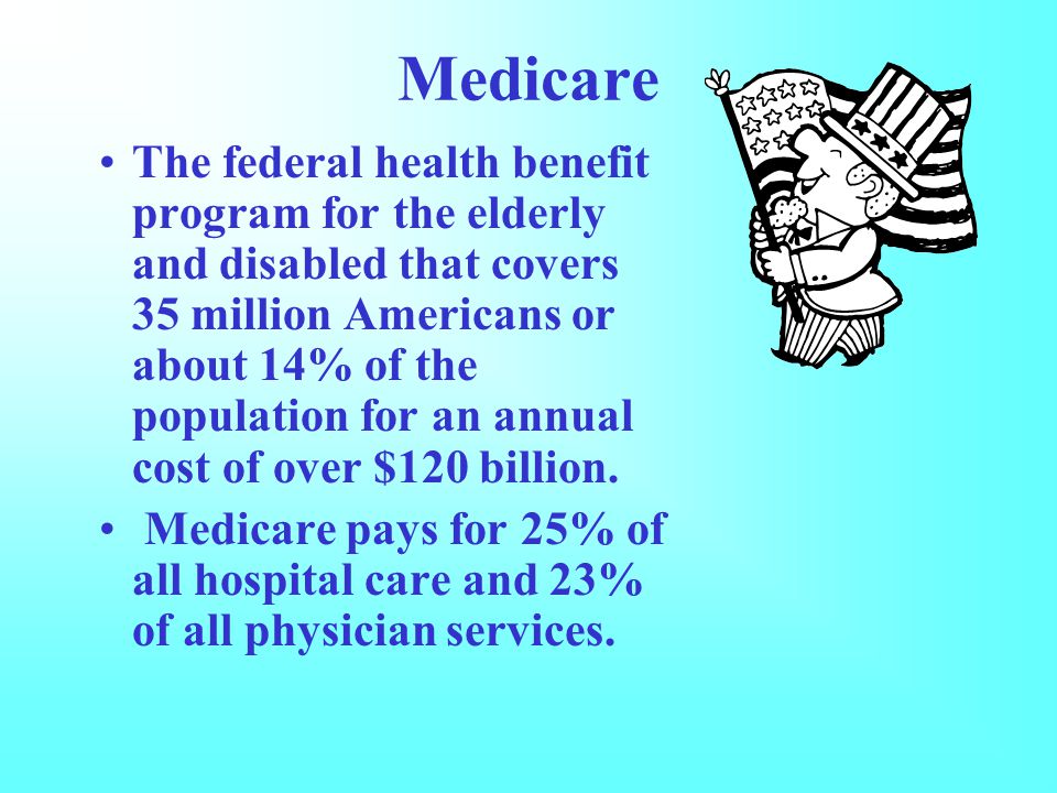 Medicare The federal health benefit program for the elderly and disabled that covers 35 million Americans or about 14% of the population for an annual cost of over $120 billion.