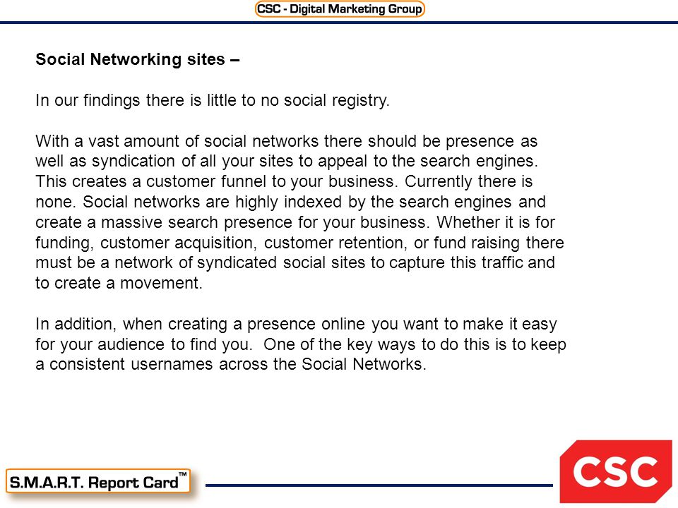 Social Networking sites – In our findings there is little to no social registry.