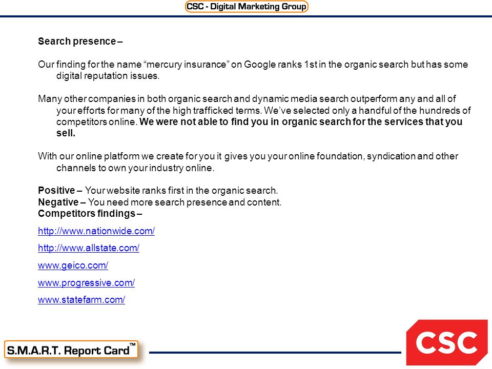 Search presence – Our finding for the name mercury insurance on Google ranks 1st in the organic search but has some digital reputation issues.