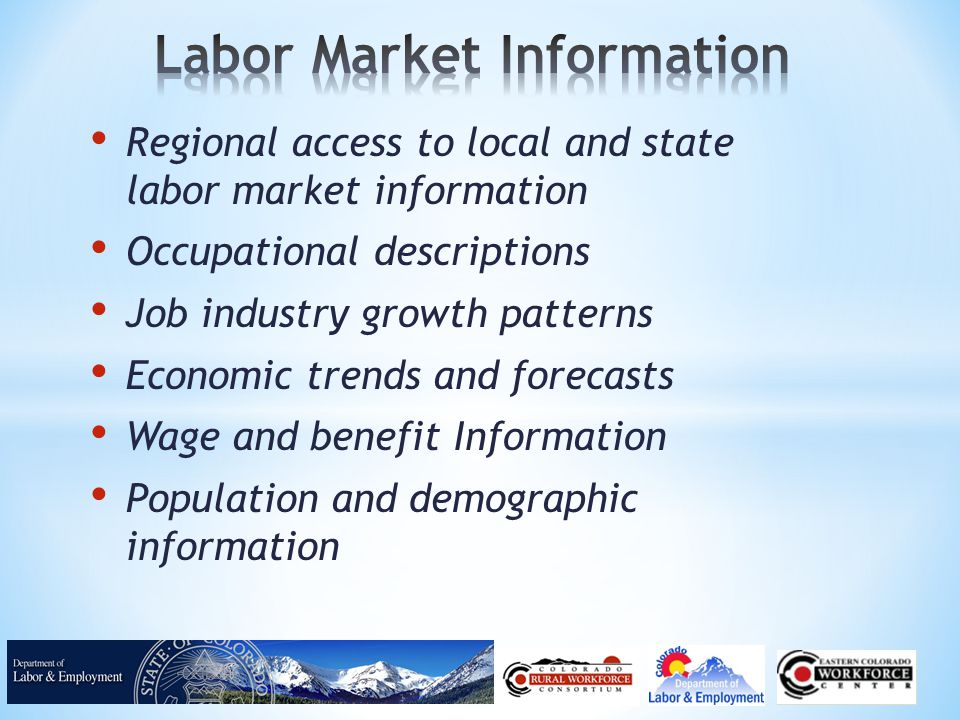 Regional access to local and state labor market information Occupational descriptions Job industry growth patterns Economic trends and forecasts Wage and benefit Information Population and demographic information