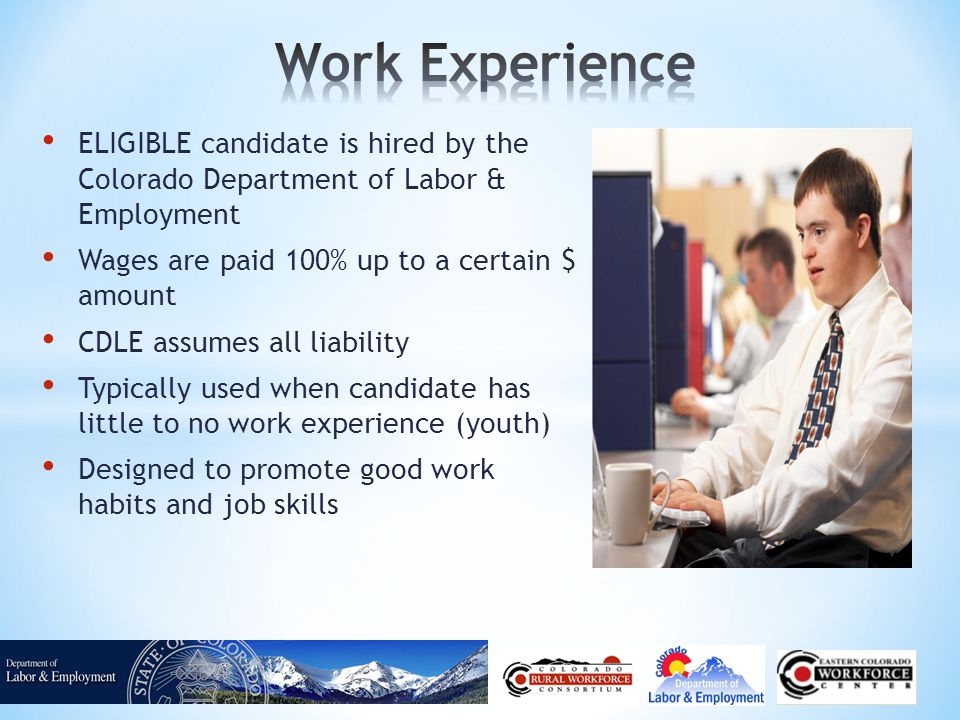 ELIGIBLE candidate is hired by the Colorado Department of Labor & Employment Wages are paid 100% up to a certain $ amount CDLE assumes all liability Typically used when candidate has little to no work experience (youth) Designed to promote good work habits and job skills