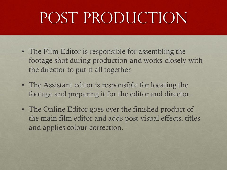 Post Production The Film Editor is responsible for assembling the footage shot during production and works closely with the director to put it all together.The Film Editor is responsible for assembling the footage shot during production and works closely with the director to put it all together.
