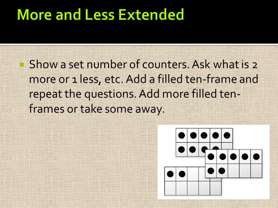  Show a set number of counters. Ask what is 2 more or 1 less, etc.