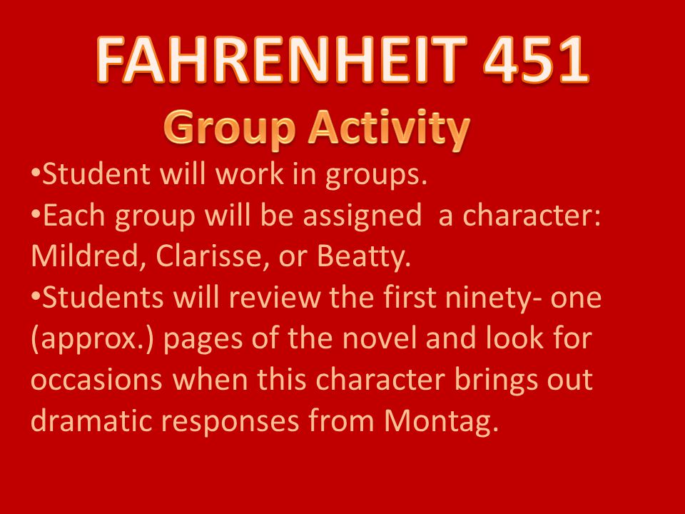 Student will work in groups. Each group will be assigned a character: Mildred, Clarisse, or Beatty.