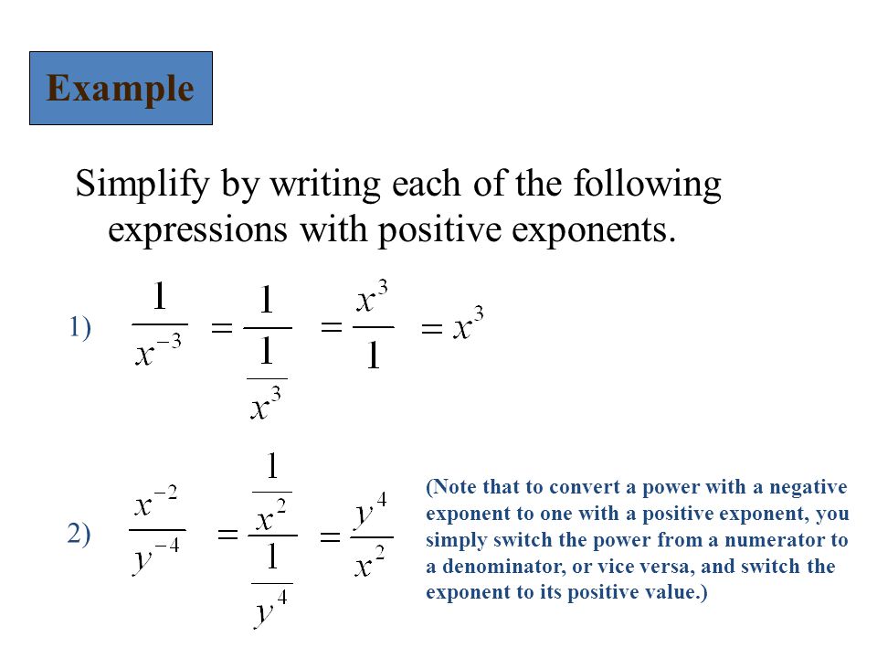 Example Simplify by writing each of the following expressions with positive exponents.