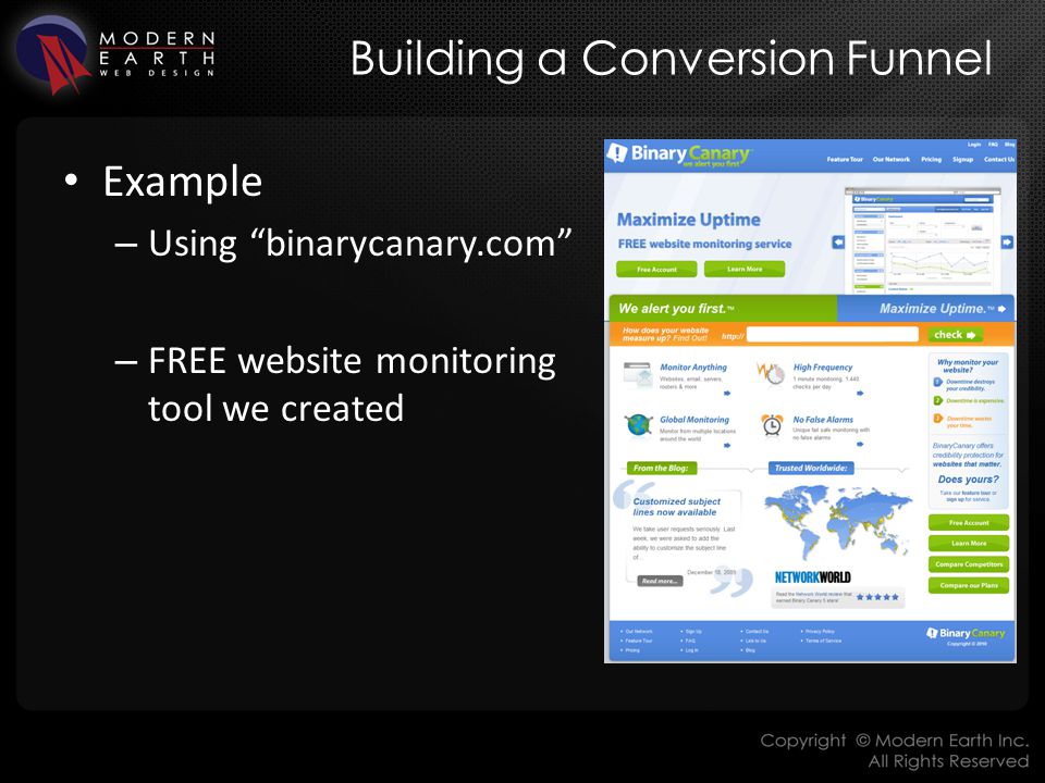 Building a Conversion Funnel Example – Using binarycanary.com – FREE website monitoring tool we created