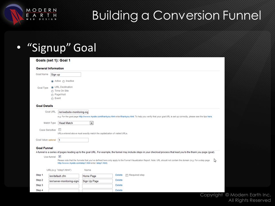 Building a Conversion Funnel Signup Goal