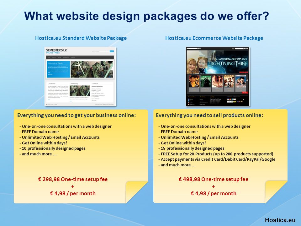 Hostica.eu Standard Website PackageHostica.eu Ecommerce Website Package What website design packages do we offer.