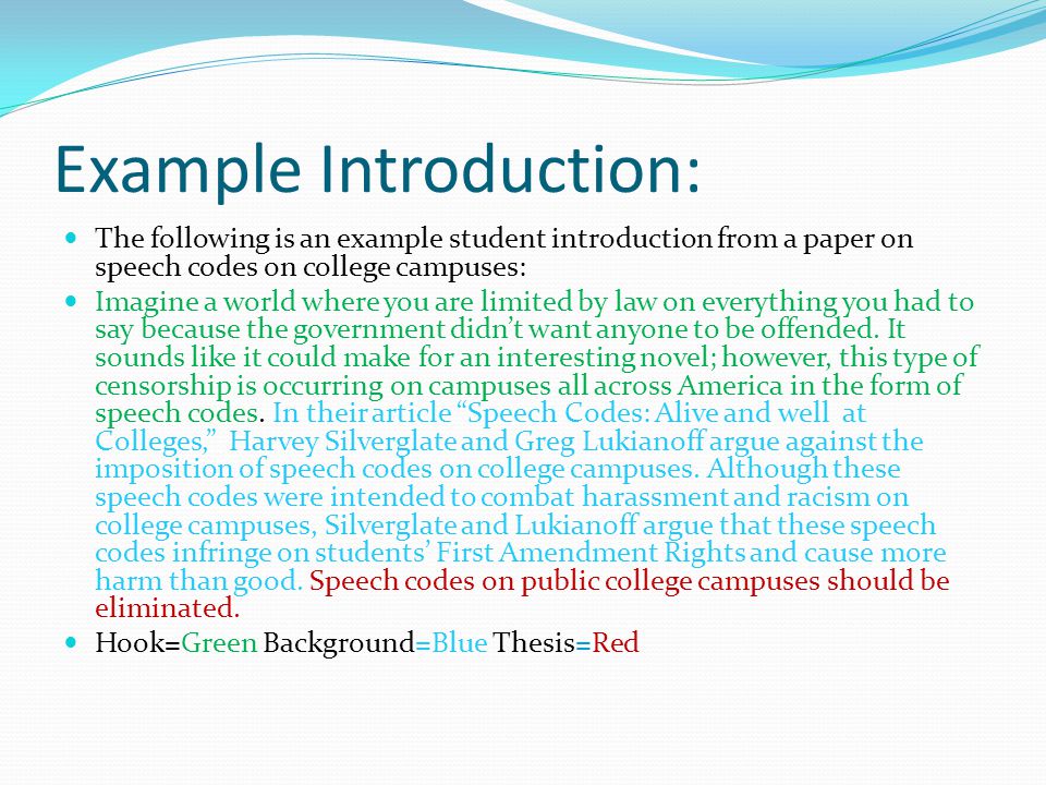 Example Introduction: The following is an example student introduction from a paper on speech codes on college campuses: Imagine a world where you are limited by law on everything you had to say because the government didn’t want anyone to be offended.