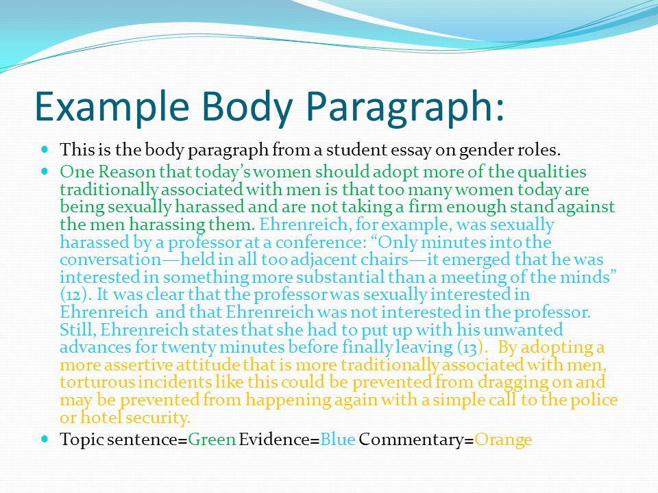 Example Body Paragraph: This is the body paragraph from a student essay on gender roles.