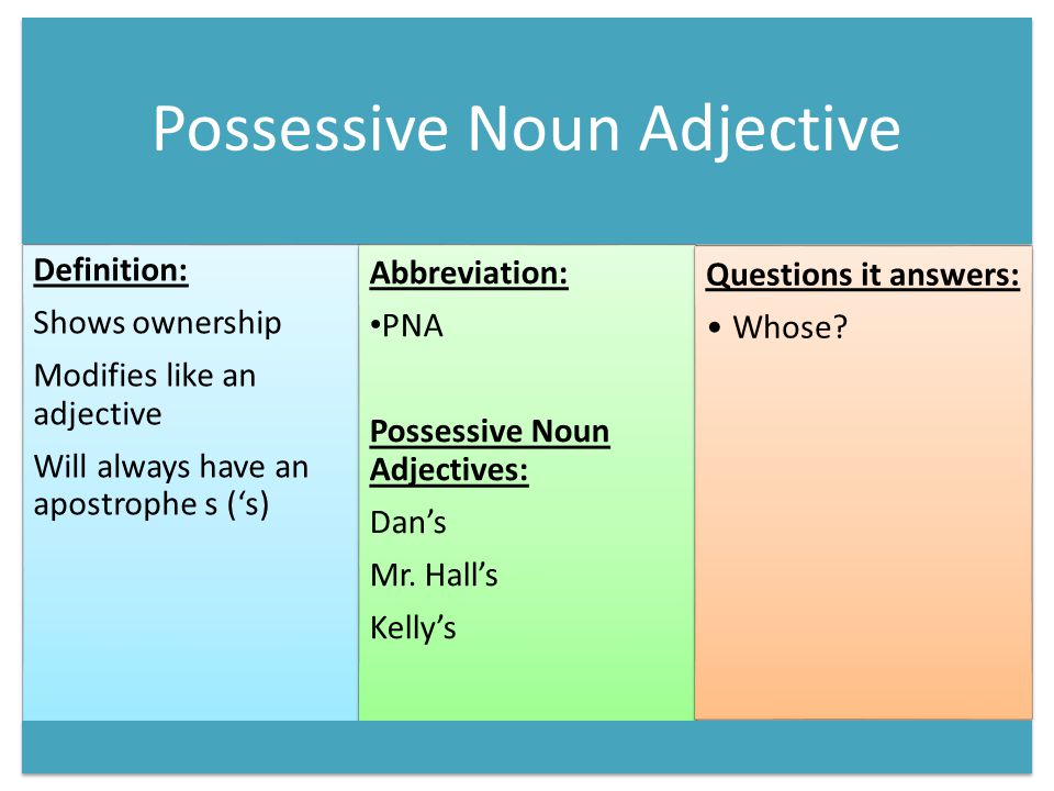 Possessive Noun Adjective Definition: Shows ownership Modifies like an adjective Will always have an apostrophe s (‘s) Abbreviation: PNA Possessive Noun Adjectives: Dan’s Mr.