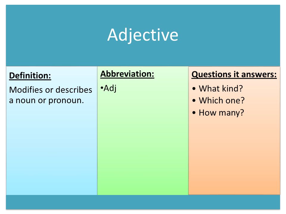 Adjective Definition: Modifies or describes a noun or pronoun.