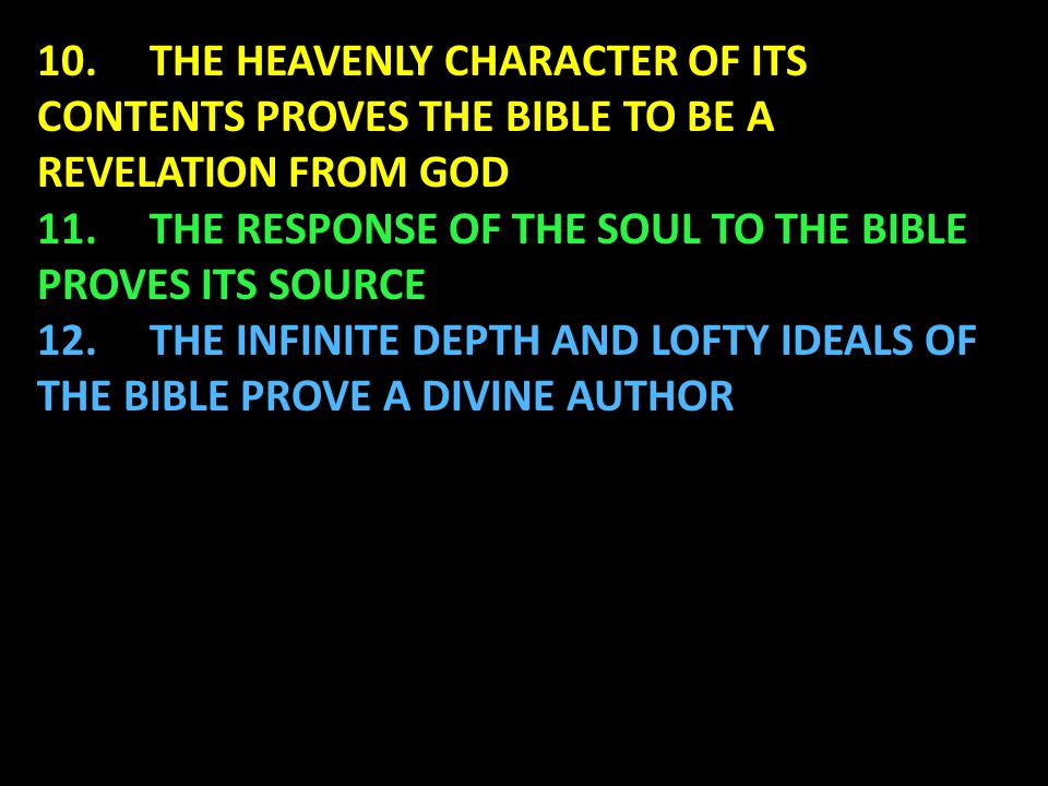 10. THE HEAVENLY CHARACTER OF ITS CONTENTS PROVES THE BIBLE TO BE A REVELATION FROM GOD 11.