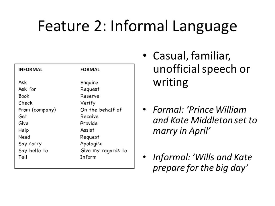 Feature 2: Informal Language Casual, familiar, unofficial speech or writing Formal: ‘Prince William and Kate Middleton set to marry in April’ Informal: ‘Wills and Kate prepare for the big day’
