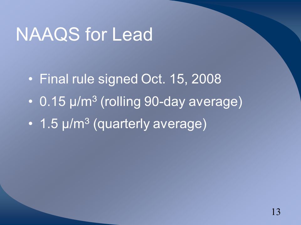 13 NAAQS for Lead Final rule signed Oct.