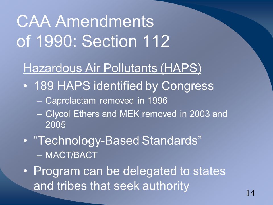 14 CAA Amendments of 1990: Section 112 Hazardous Air Pollutants (HAPS) 189 HAPS identified by Congress –Caprolactam removed in 1996 –Glycol Ethers and MEK removed in 2003 and 2005 Technology-Based Standards –MACT/BACT Program can be delegated to states and tribes that seek authority