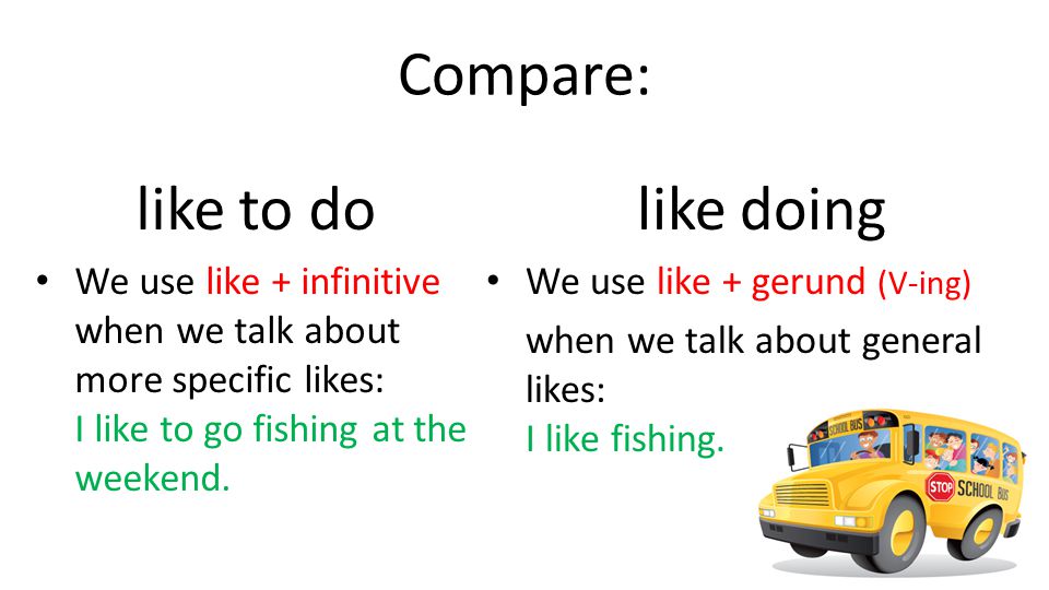 Сompare: like doing We use like + gerund (V-ing) when we talk about general likes: I like fishing.