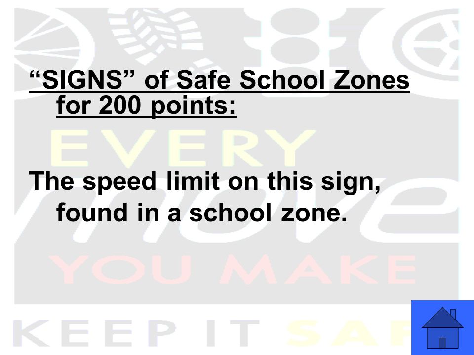 SIGNS of Safe School Zones for 200 points: The speed limit on this sign, found in a school zone.