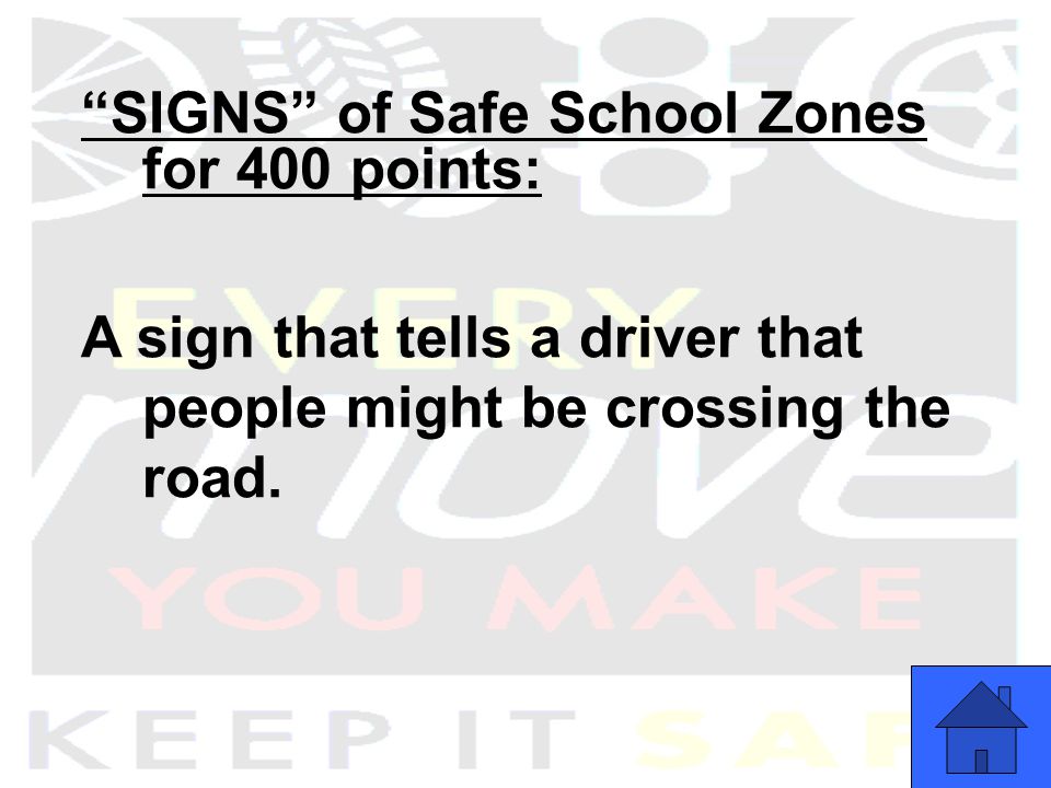 SIGNS of Safe School Zones for 400 points: A sign that tells a driver that people might be crossing the road.