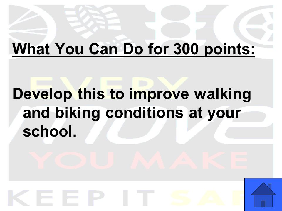 What You Can Do for 300 points: Develop this to improve walking and biking conditions at your school.