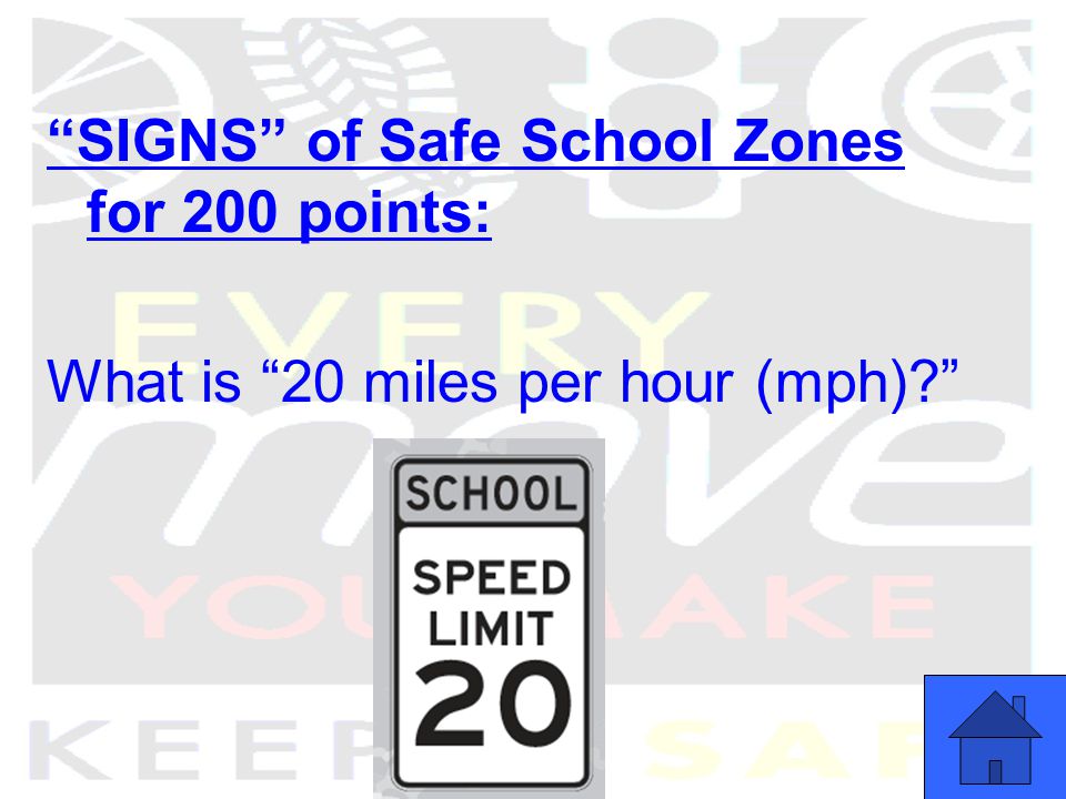 SIGNS of Safe School Zones for 200 points: What is 20 miles per hour (mph)