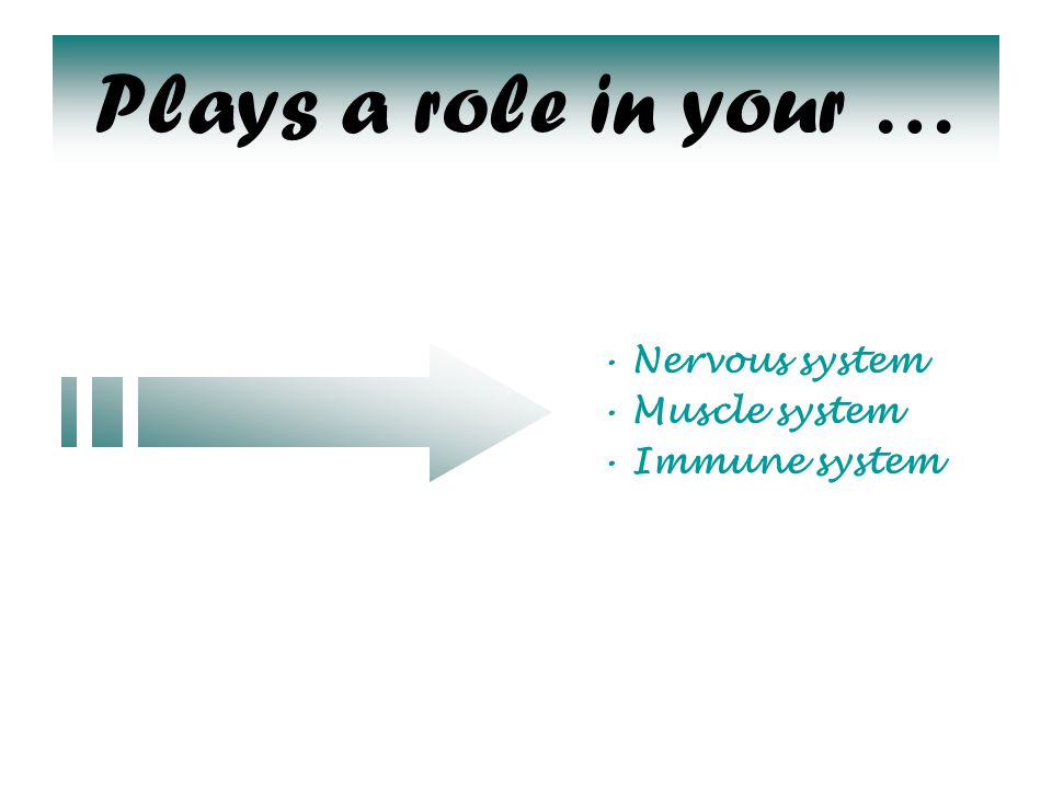 Plays a role in your … Nervous system Muscle system Immune system
