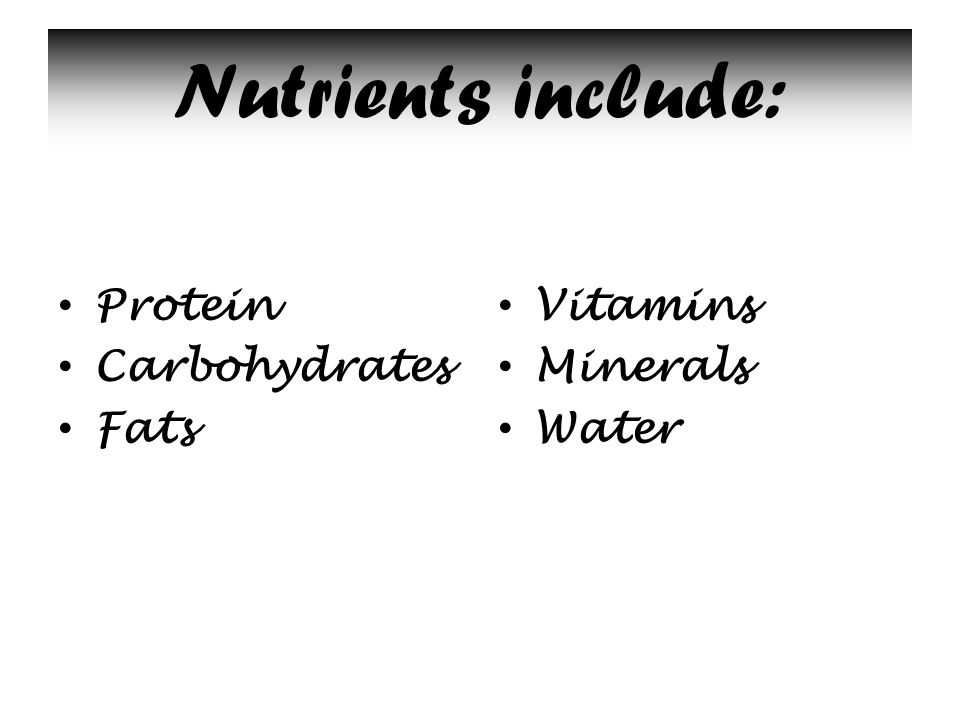Nutrients include: Protein Carbohydrates Fats Vitamins Minerals Water