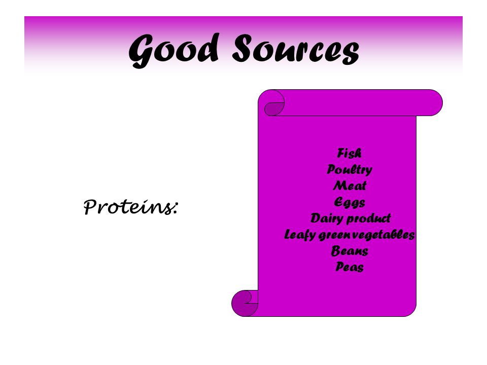 Good Sources Proteins: Fish Poultry Meat Eggs Dairy product Leafy green vegetables Beans Peas