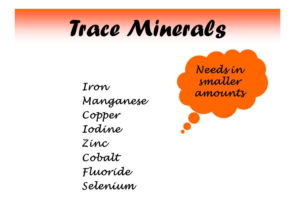 Trace Minerals Iron Manganese Copper Iodine Zinc Cobalt Fluoride Selenium Needs in smaller amounts