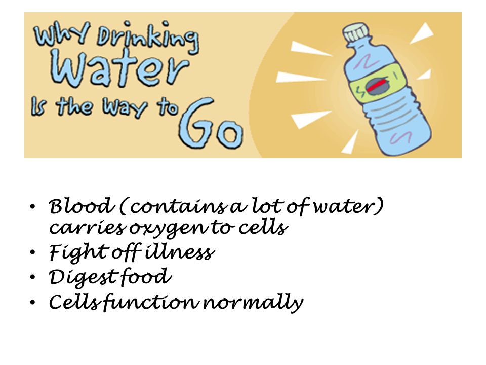 Blood (contains a lot of water) carries oxygen to cells Fight off illness Digest food Cells function normally