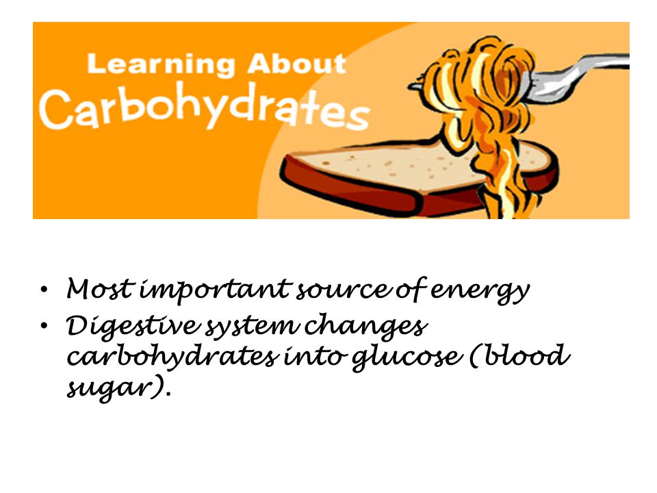 Carbohydrates Most important source of energy Digestive system changes carbohydrates into glucose (blood sugar).