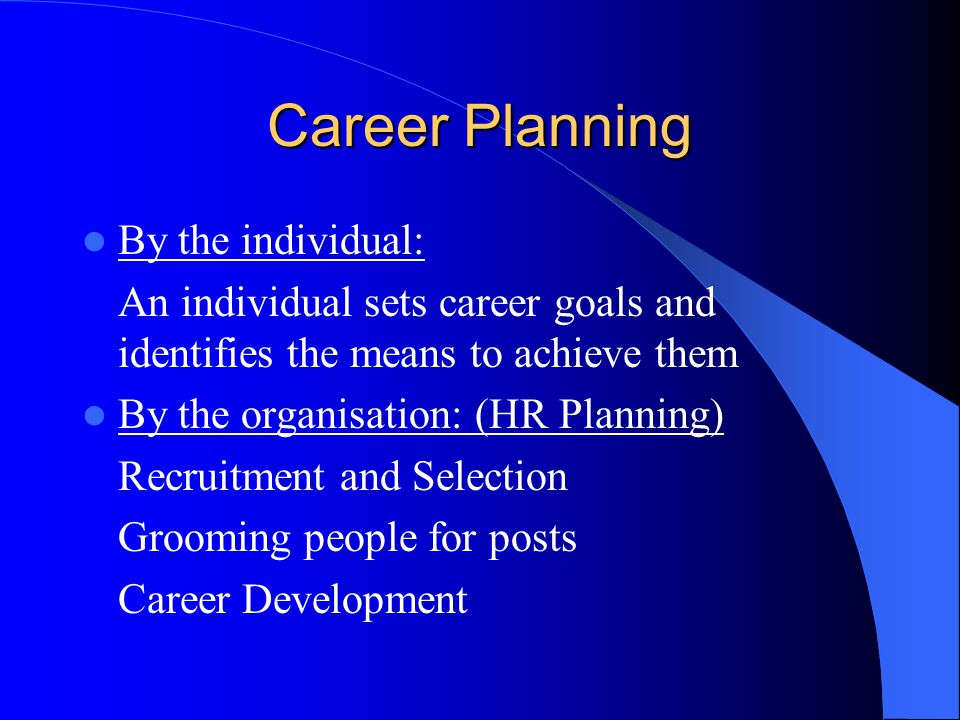 Career Planning By the individual: An individual sets career goals and identifies the means to achieve them By the organisation: (HR Planning) Recruitment and Selection Grooming people for posts Career Development