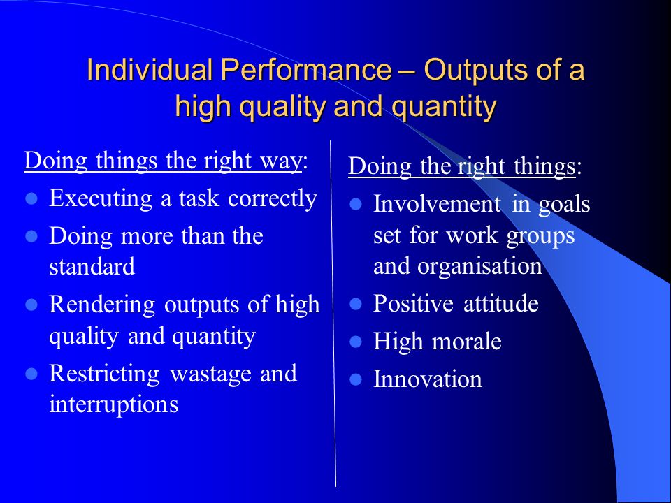 Individual Performance – Outputs of a high quality and quantity Doing things the right way: Executing a task correctly Doing more than the standard Rendering outputs of high quality and quantity Restricting wastage and interruptions Doing the right things: Involvement in goals set for work groups and organisation Positive attitude High morale Innovation