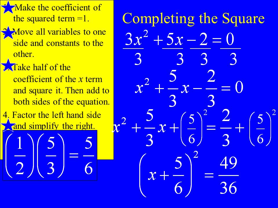 Completing the Square 1. Make the coefficient of the squared term =1.