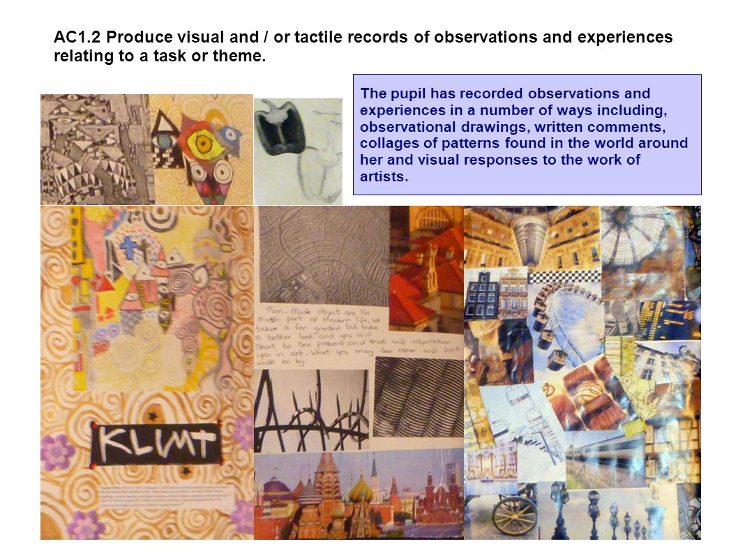 AC1.2 Produce visual and / or tactile records of observations and experiences relating to a task or theme.