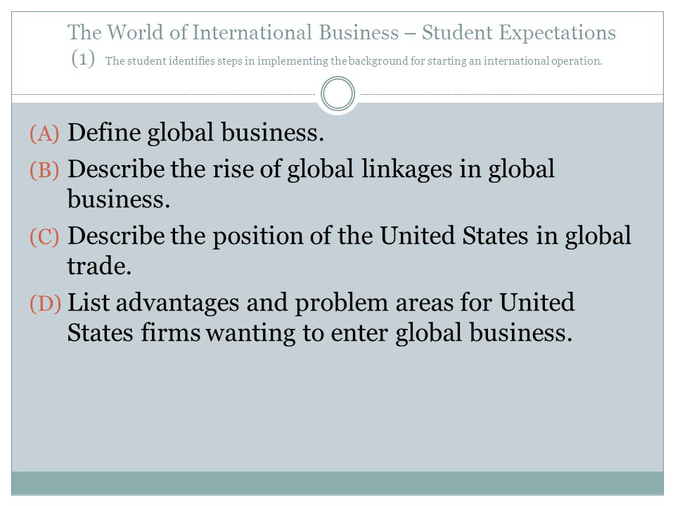 The World of International Business – Student Expectations (1) The student identifies steps in implementing the background for starting an international operation.