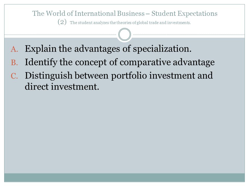 The World of International Business – Student Expectations (2) The student analyzes the theories of global trade and investments.