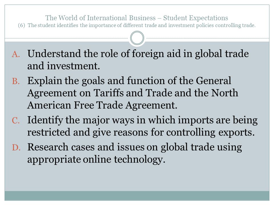The World of International Business – Student Expectations (6) The student identifies the importance of different trade and investment policies controlling trade.