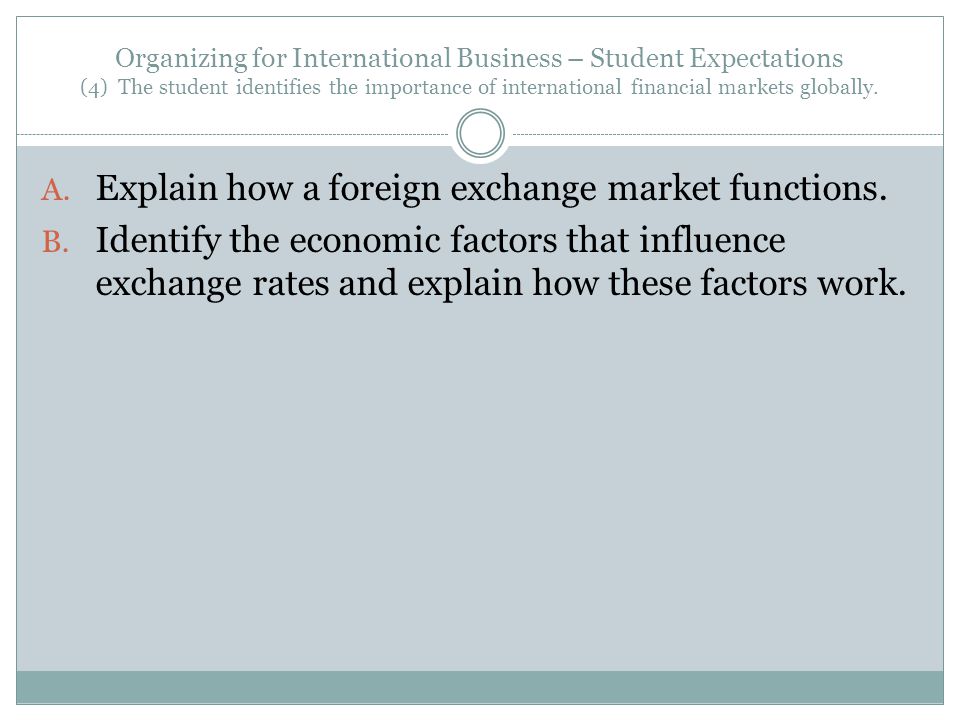 Organizing for International Business – Student Expectations (4) The student identifies the importance of international financial markets globally.