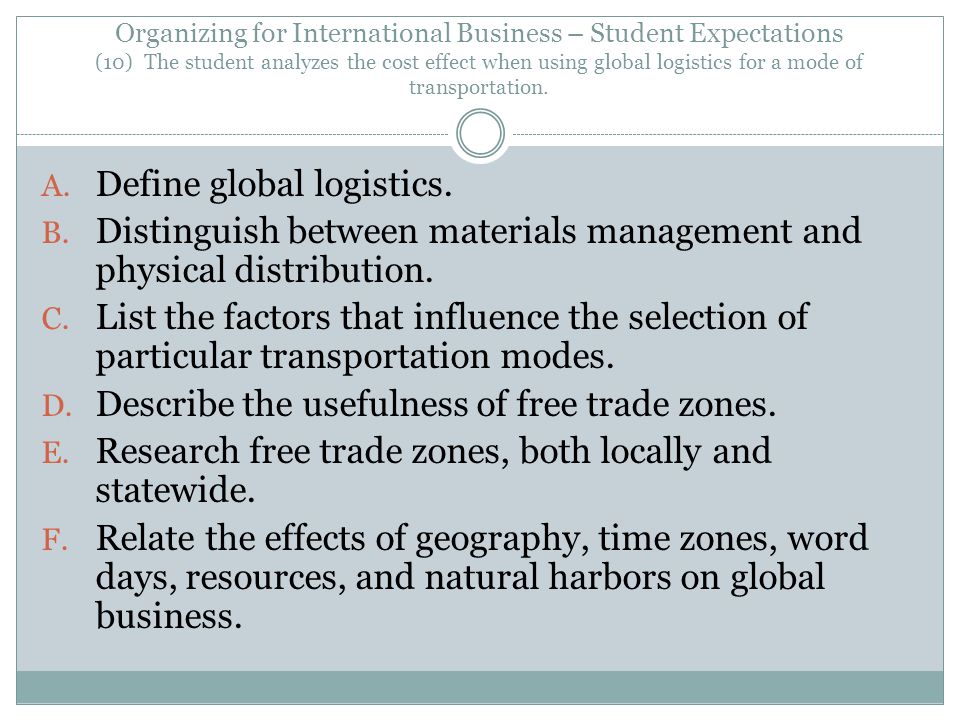 Organizing for International Business – Student Expectations (10) The student analyzes the cost effect when using global logistics for a mode of transportation.