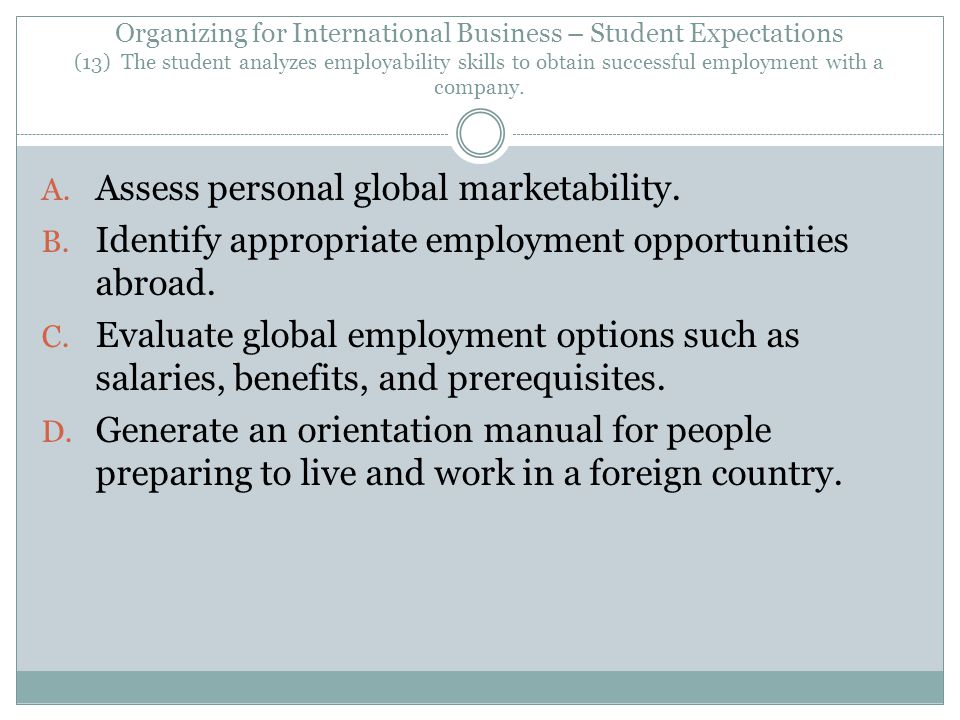 Organizing for International Business – Student Expectations (13) The student analyzes employability skills to obtain successful employment with a company.