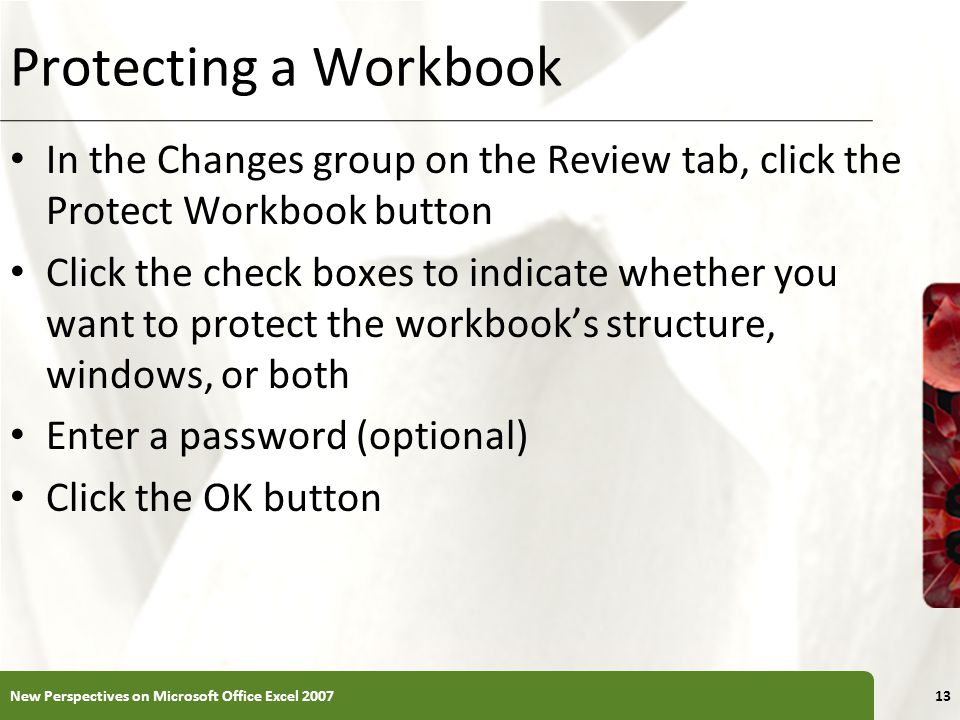 XP Protecting a Workbook In the Changes group on the Review tab, click the Protect Workbook button Click the check boxes to indicate whether you want to protect the workbook’s structure, windows, or both Enter a password (optional) Click the OK button New Perspectives on Microsoft Office Excel