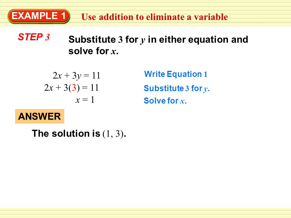 Use addition to eliminate a variable EXAMPLE 1 2x + 3y = 11 Write Equation 1 2x + 3(3) = 11 Substitute 3 for y.