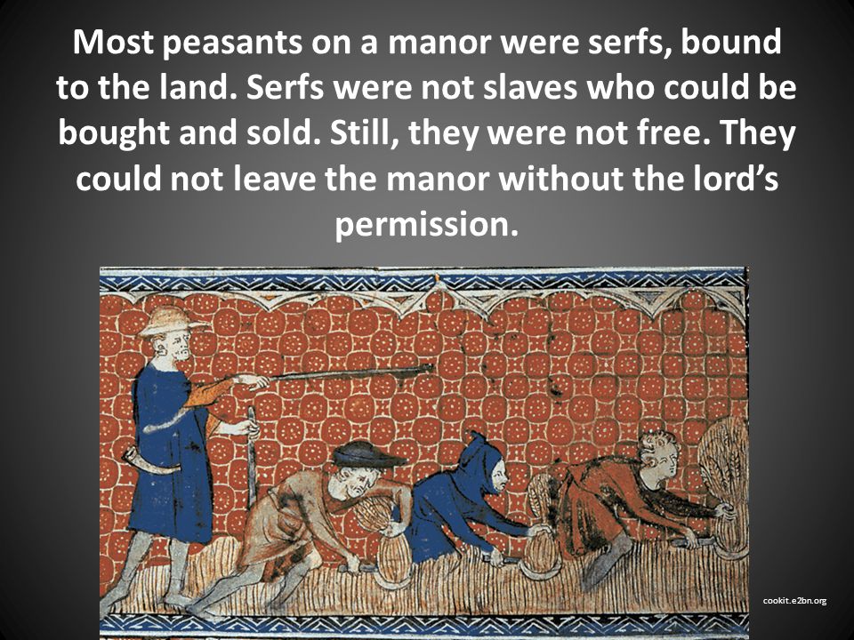 Most peasants on a manor were serfs, bound to the land.