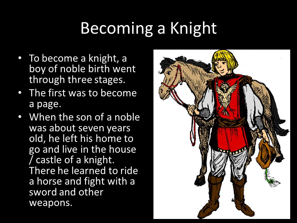 Becoming a Knight To become a knight, a boy of noble birth went through three stages.