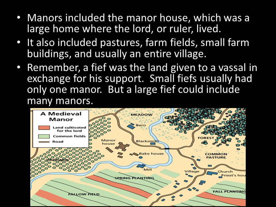 Manors included the manor house, which was a large home where the lord, or ruler, lived.